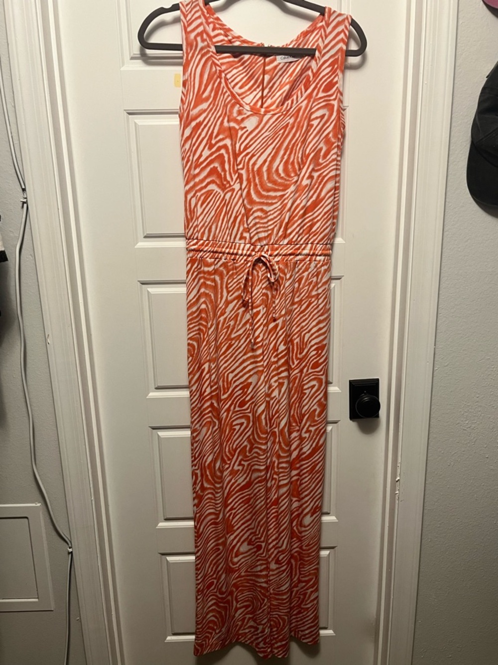 Calvin Klein Orange and White Printed Sleeveless Jumpsuit